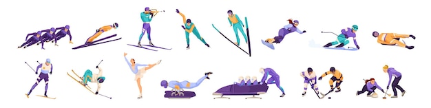 Conjunto de varias actividades deportivas de invierno personas que hacen patinaje sobre hielo bobsleigh hockey biatlón snowboard freeride donwhill carreras aisladas en fondo blanco Ilustración vectorial