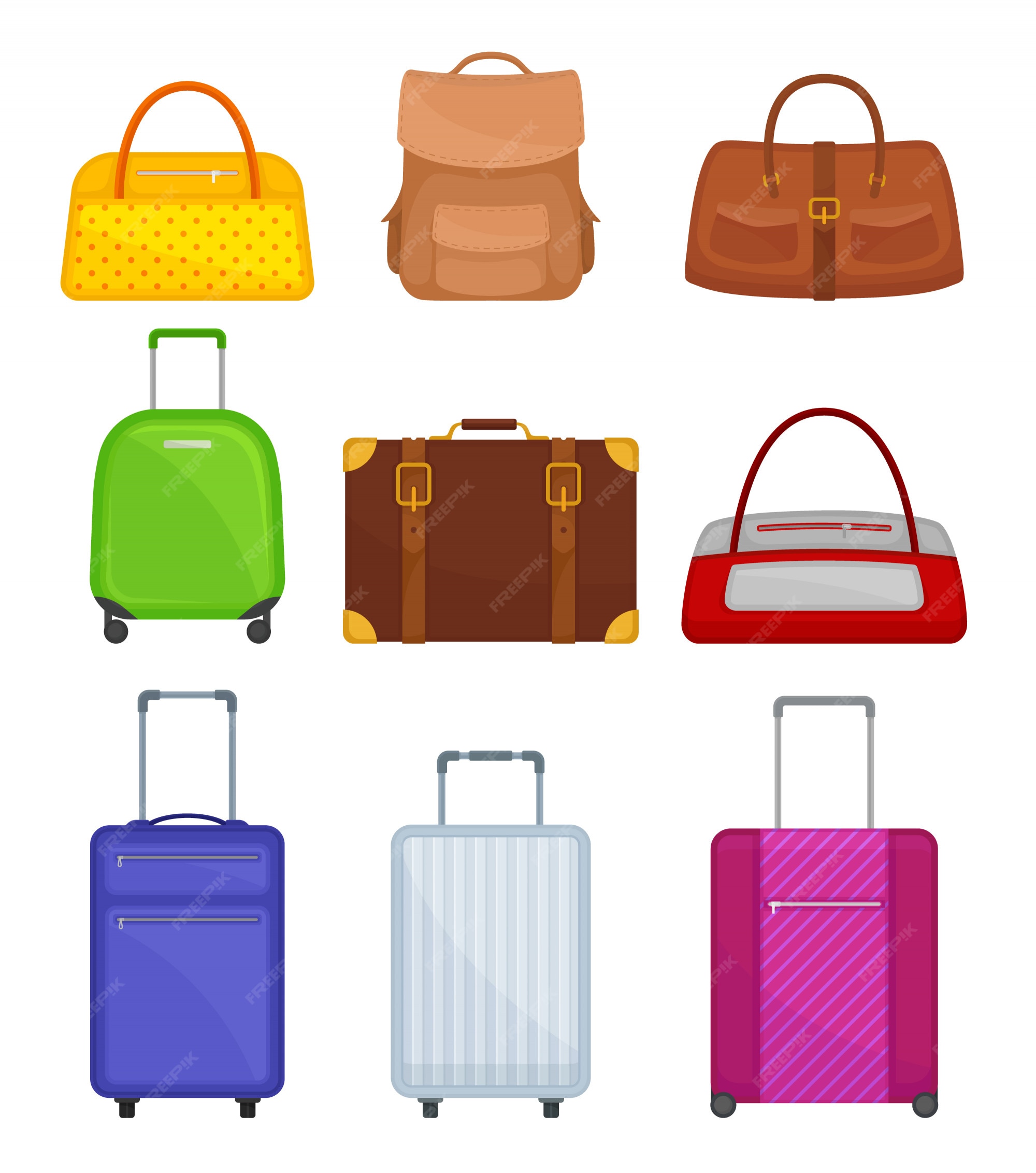 Rechazar Mismo Brote Conjunto de varias bolsas. maletas de viaje con ruedas, bolso de mujer,  mochila, bolso de lona. equipaje de viajero | Vector Premium