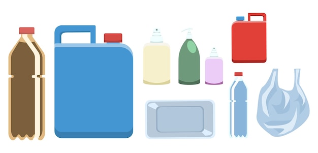 Conjunto de varias botellas de plástico, recipiente y bolsa. Residuos plásticos, aislado sobre fondo blanco.