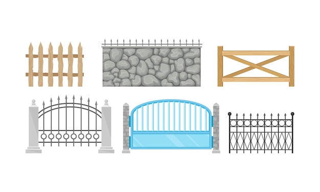 Conjunto de varias cercas decorativas de madera, metal y piedra Diseño exterior de las puertas y el área circundante Arquitectura exterior Ilustración vectorial plana aislada sobre fondo blanco