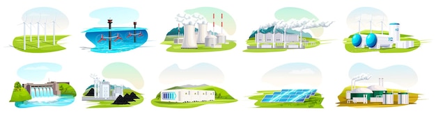 Conjunto de varias estaciones de energía Colección de biomasa solar nuclear geotérmica hidrógeno viento hidroeléctrico carbón batería de marea Producción de electricidad fábrica de energía Ilustración vectorial
