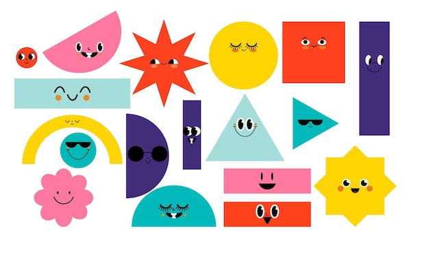 Conjunto de varias figuras geométricas básicas brillantes con emociones faciales Diferentes formas dibujadas a mano Ilustración vectorial de moda para niños Personajes divertidos y lindos Todos los elementos están aislados