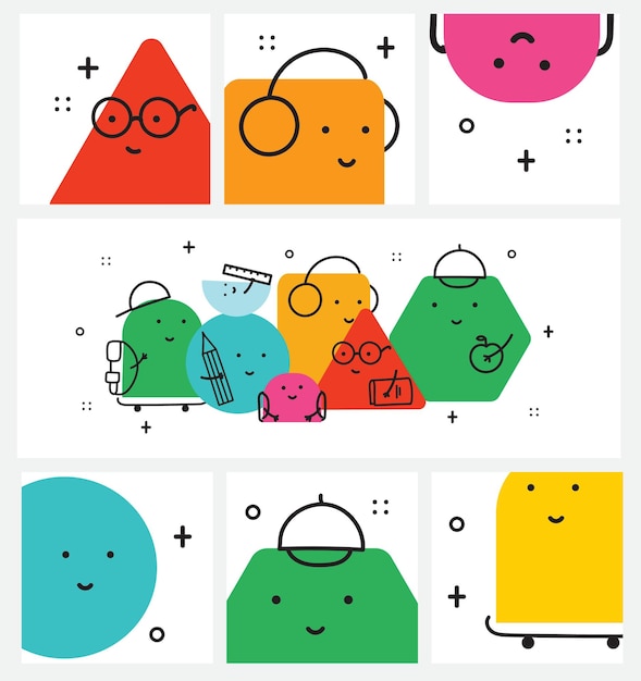 Conjunto de varias figuras geométricas brillantes con emociones faciales Diferentes formas Dibujado a mano ilustración vectorial de moda para niños