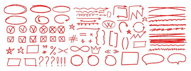 Conjunto de varias flechas símbolos marcas de puntuación asteriscos dos puntos subraya cruces dibujados con tiza o lápiz rojo elementos vectoriales trazos de lápiz o carbón burbujas líneas onduladas swoosh