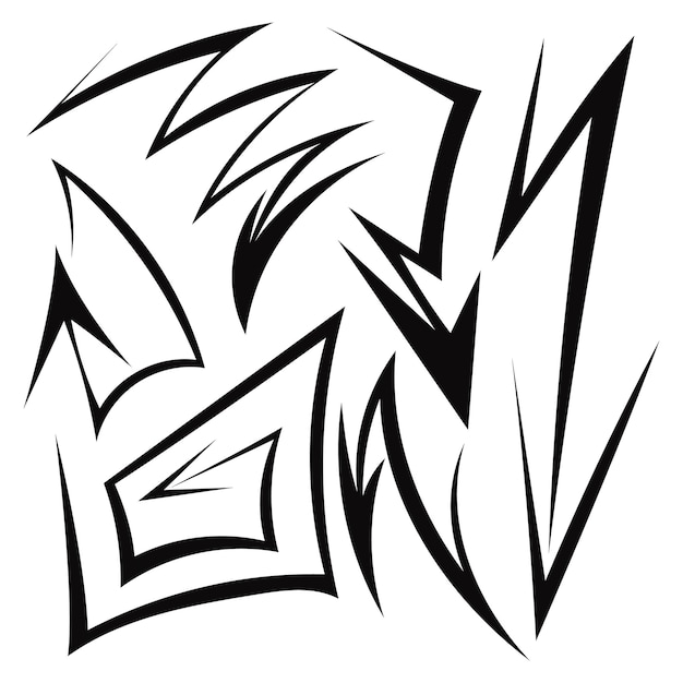 Conjunto de varias flechas y zigzags vectoriales en blanco y negro