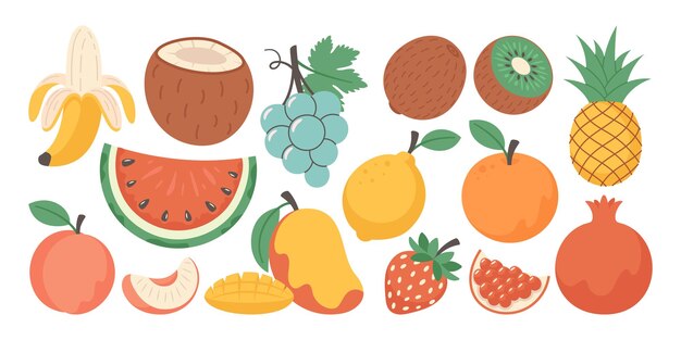 Conjunto de varias frutas y bayas dibujadas a mano en fondo blanco sandía plátano granada