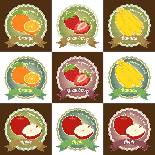 Conjunto de varias frutas frescas diseño de distintivo de etiqueta de etiqueta de calidad premium