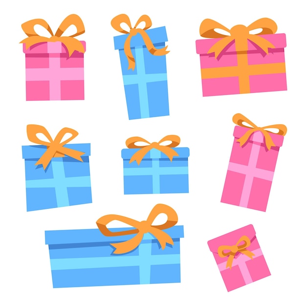 Un conjunto de varias ilustraciones de cajas de regalos planas