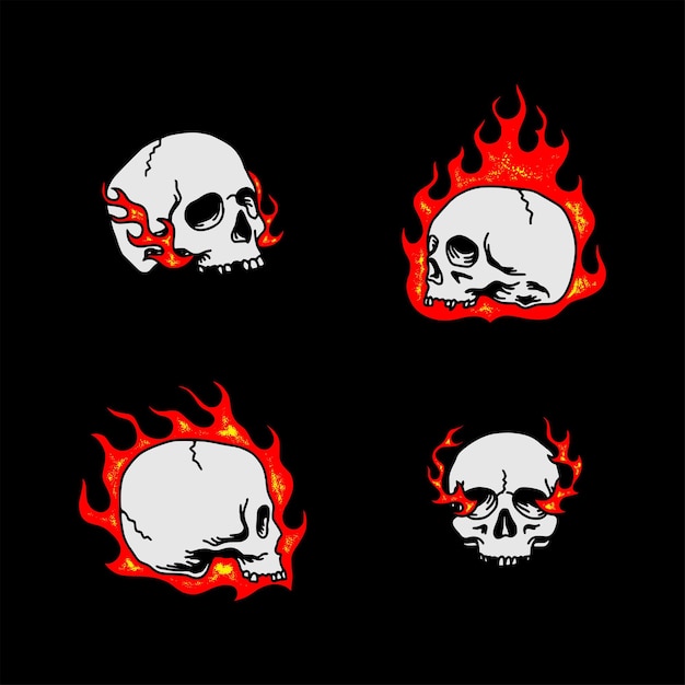 Conjunto de varias ilustraciones vectoriales hechas a mano de Skull Flames