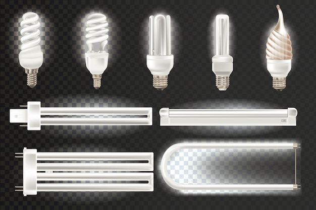 Conjunto de varias lámparas fluorescentes realistas de luz de diferentes formas de ancho de banda