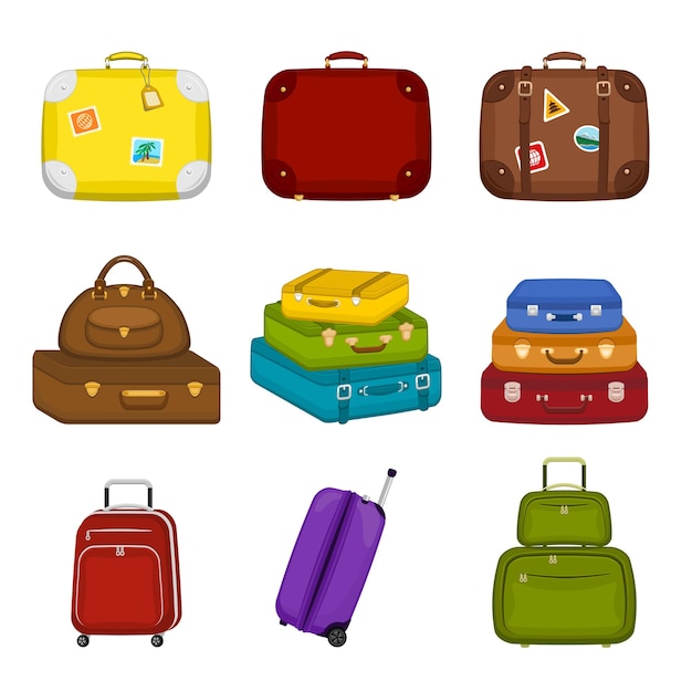 Vector conjunto de varias maletas bolsas de viaje con pegatinas sobre fondo blanco aislado viajes de verano