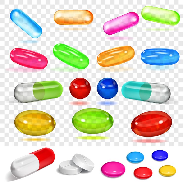 Vector conjunto de varias píldoras y cápsulas multicolores transparentes y opacas