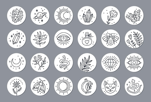 Conjunto de varias portadas de resaltado vectorial con elementos boho místicos