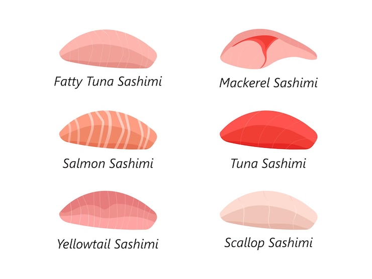 Vector conjunto de varias rebanadas de sashimi ilustración vectorial