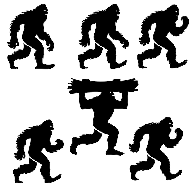 conjunto de varias siluetas negras de Bigfoot para recursos gráficos
