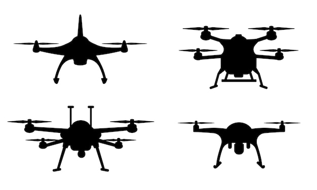 Conjunto de varias siluetas negras de drones aisladas en un fondo transparente Quadcopters UAV de ala fija