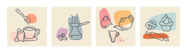 Vector conjunto de varias tazas y ollas para té y café con manchas de colores.