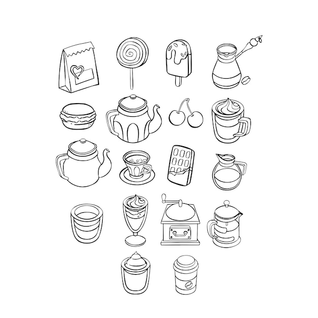 Conjunto de varias tazas con té o café cafeteras teteras línea vectorial