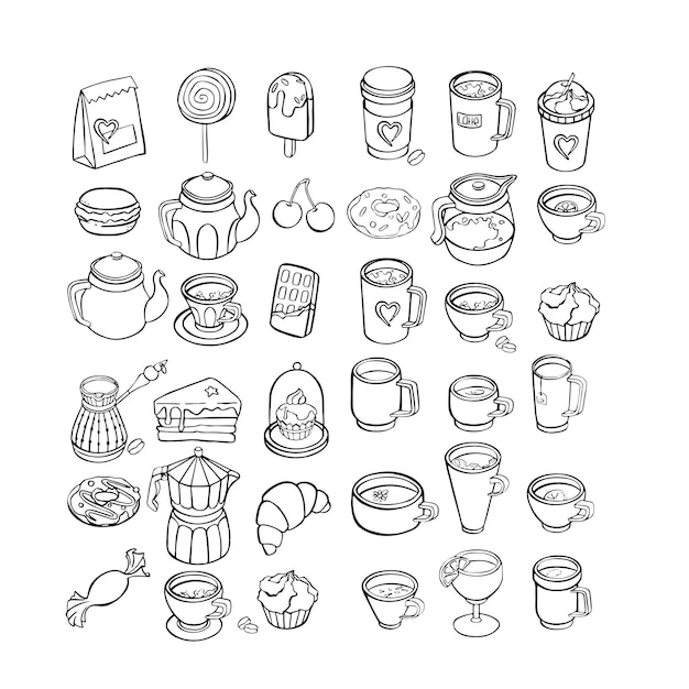 Conjunto de varias tazas con té o café cafeteras teteras línea vectorial