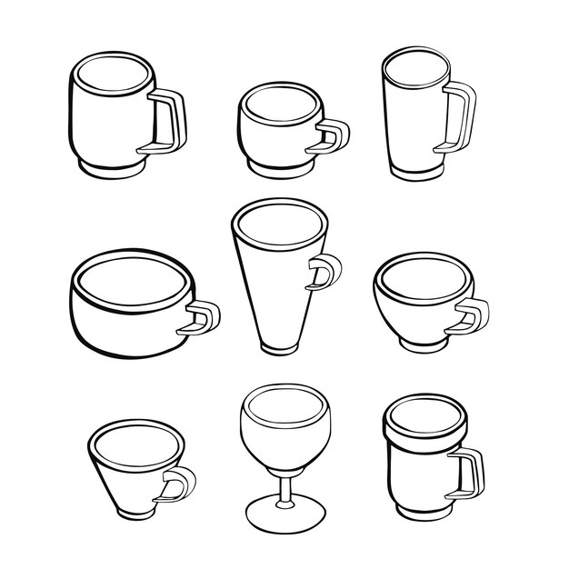 Conjunto de varias tazas con vista lateral de té o café vector dibujado a mano