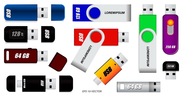 Vector conjunto de varias unidades flash o un conjunto de unidades flash usb o unidades flash coloridas aisladas