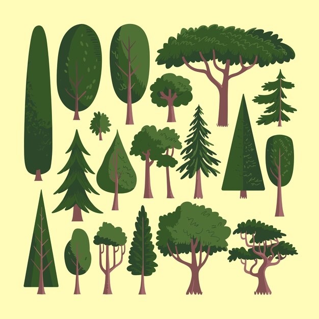 Conjunto de variedad de plantas y árboles.