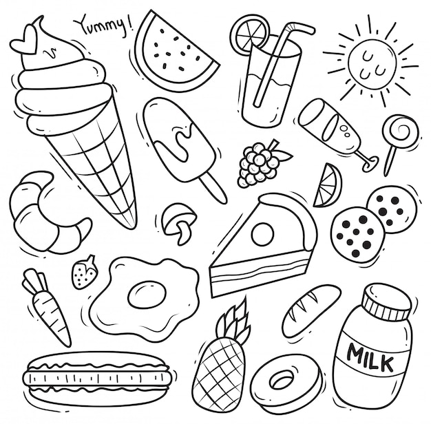 Conjunto de varios alimentos en estilo doodle