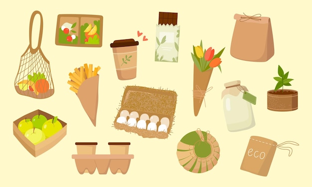 Conjunto de varios artículos en envases ecológicos reciclables