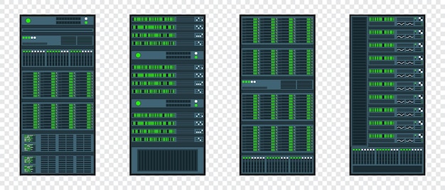 Conjunto de varios bastidores de servidores Servidor en gabinetes Centro de datos de la sala de servidores Servidor en diseño plano Ilustración vectorial