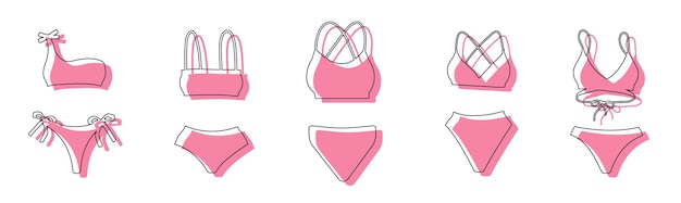 Conjunto de varios bikinis femeninos rosados en estilo de contorno aislados en fondo blanco para íconos srickers