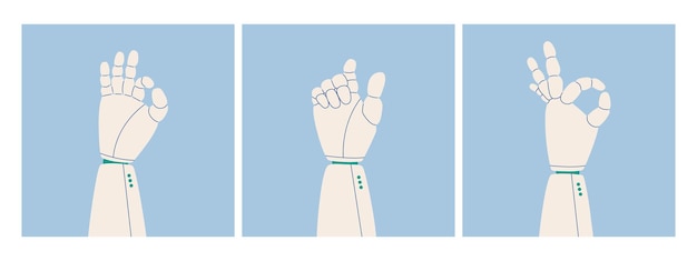 Conjunto de varios brazos robóticos Diferentes poses de las manos de un cyborg o robot Vector gráficos aislados para el diseño