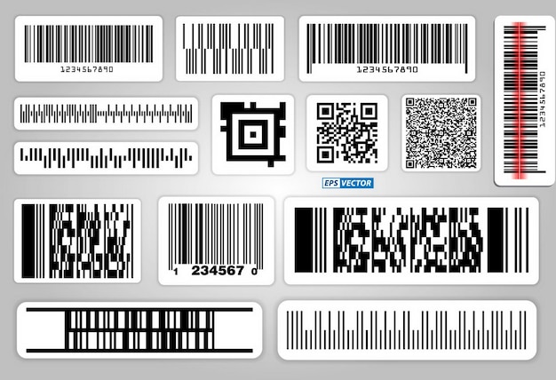 Vector conjunto de varios códigos de barras o conjunto de códigos de barras de etiquetas de embalaje o códigos qr