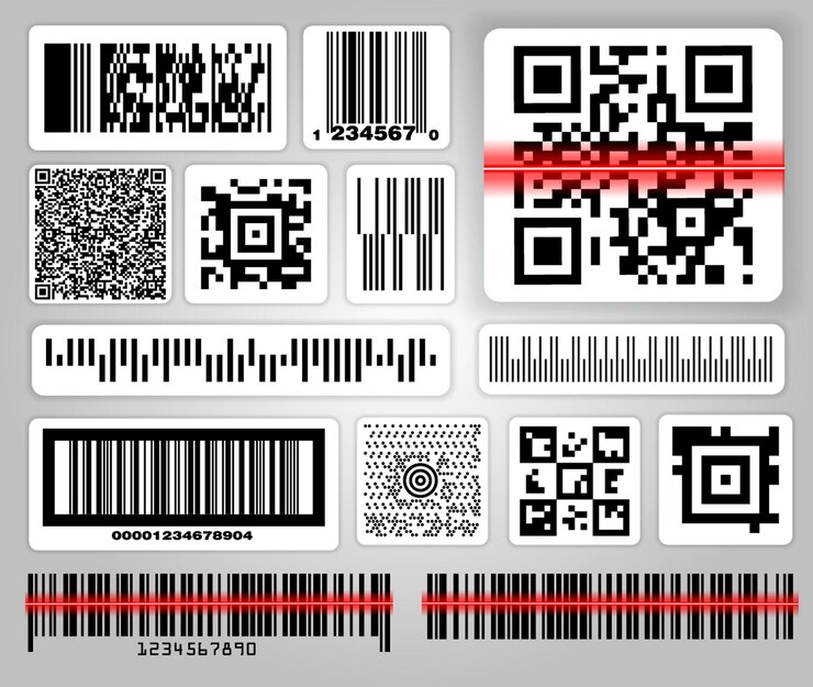 Vector conjunto de varios códigos de barras o conjunto de códigos de barras de etiquetas de embalaje o códigos qr