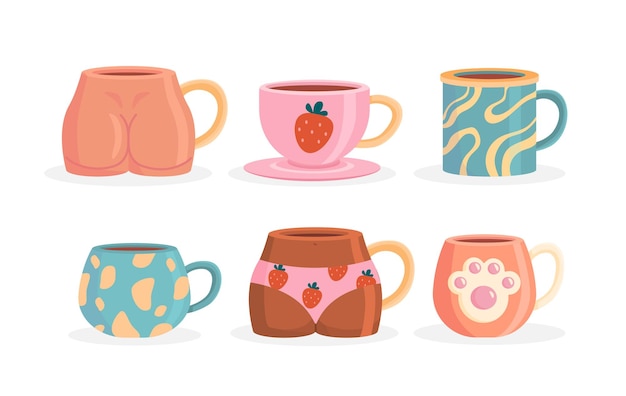 Conjunto de varios conceptos de tazas Utensilios de cocina y vajilla utensilio de cocina Aroma y bebida Bebida caliente té o café Colección de vectores planos de dibujos animados aislados en fondo blanco