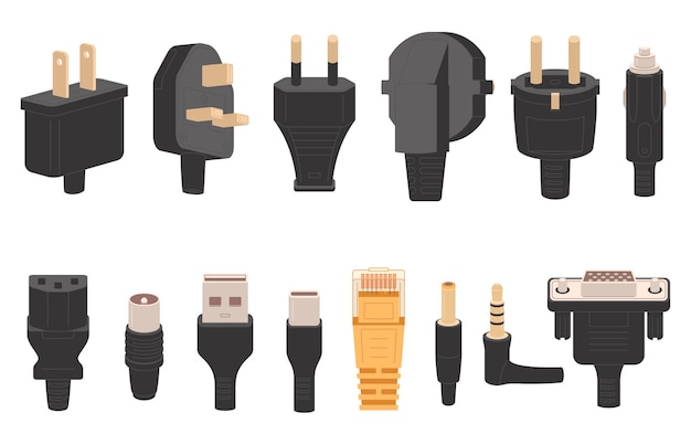 Vector un conjunto de varios conectores de enchufes para dispositivos electrónicos enchufes de enchufes eléctricos