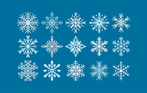 Conjunto de varios copos de nieve de fantasía sobre fondo azul. patrón de nieve de vacaciones de invierno de navidad, decoración para tarjetas de felicitación, diseño de tormenta de nieve, ornamento abstracto de copos de nieve. ilustración vectorial de dibujos animados