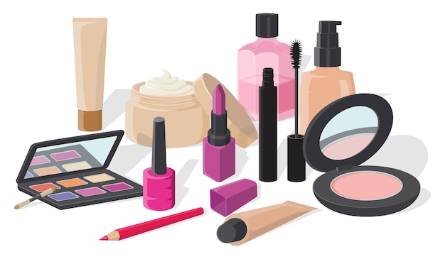 Un conjunto de varios cosméticos sobre un fondo blanco Base de lápiz labial en polvo máscara de crema de noche