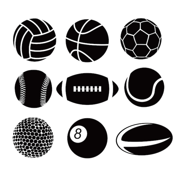 Conjunto de varios diseños de bolas deportivas, equipos deportivos, signos y símbolos