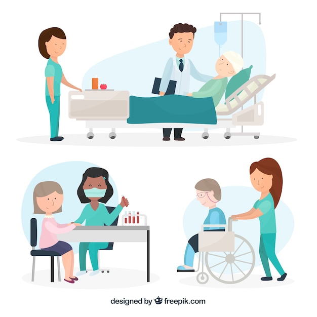 Vector conjunto de varios doctores con pacientes