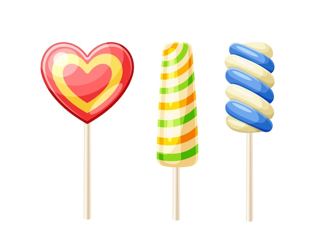 Conjunto de varios dulces piruletas y caramelo en palos postre y manjares dulces en forma de corazón cartel o banner para el sitio web colección de vectores planos de dibujos animados aislados sobre fondo blanco