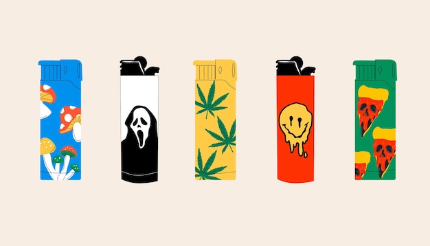Conjunto de varios encendedores. Encendedores de cigarrillos de metal y plástico con divertidos estampados coloridos.
