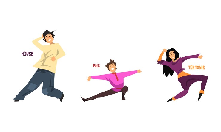 Vector conjunto de varios estilos de baile bailarines profesionales realizando la casa folk tektonik ilustración vectorial de dibujos animados