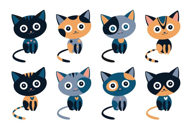 Conjunto de varios gatos lindos dibujos animados aislados sobre fondo blanco Ilustración vectorial