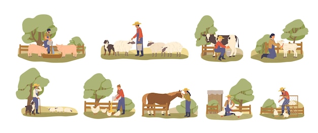 Conjunto de varios granjeros de dibujos animados que cuidan animales domésticos vector ilustración plana. Colección de granjero de carácter que trabaja en el campo aislado sobre fondo blanco. Concepto de estilo de vida rural.