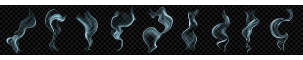 Conjunto de varios humo o vapor azul claro transparentes realistas Para uso en fondo oscuro Transparencia solo en formato vectorial