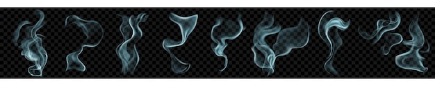 Conjunto de varios humo o vapor azul claro transparentes realistas Para uso en fondo oscuro Transparencia solo en formato vectorial