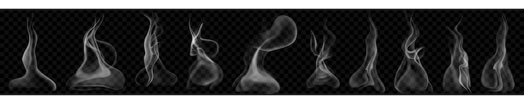 Vector conjunto de varios humo o vapor transparentes realistas en colores blanco y gris, para usar sobre fondo oscuro. transparencia solo en formato vectorial