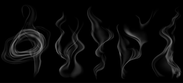 Conjunto de varios humos grises transparentes realistas o vapor para usar en fondo oscuro transparencia solo en formato vectorial
