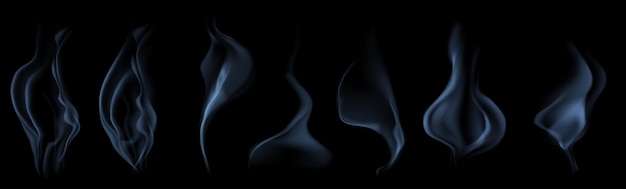 Conjunto de varios humos o vapor azul claro transparentes realistas para usar en fondo oscuro Transparencia solo en formato vectorial