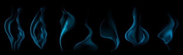 Conjunto de varios humos o vapor azul claro transparentes realistas para usar en fondo oscuro Transparencia solo en formato vectorial